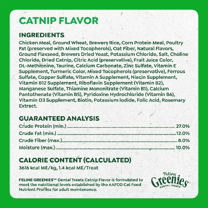 Greenies Feline Catnip dental treats ingredients label