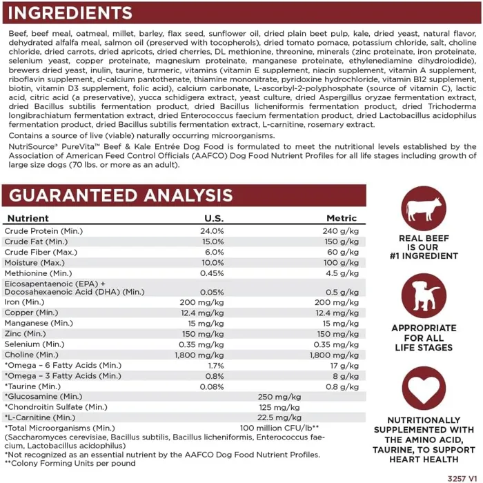 NutriSource PureVita Beef & Kale Entrée ingredients analysis